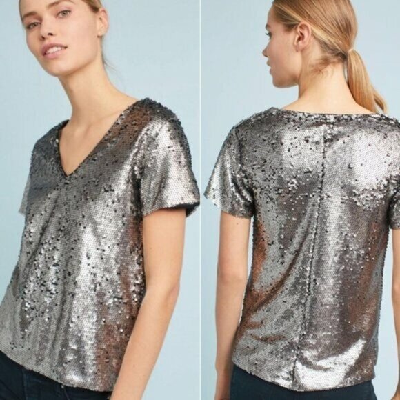 Anthropologie Vanessa Virginia Top Sequin V Neck Silver Black - Picture 2 of 11